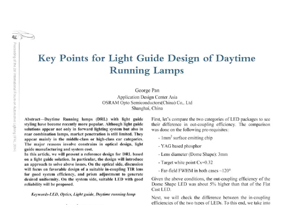 Key Points for Light Guide Design of Daytime Running Lamps - The 2nd International Forum on Automotive Lighting_2nd IFAL(第二届中国国际汽车照明论坛(2014))