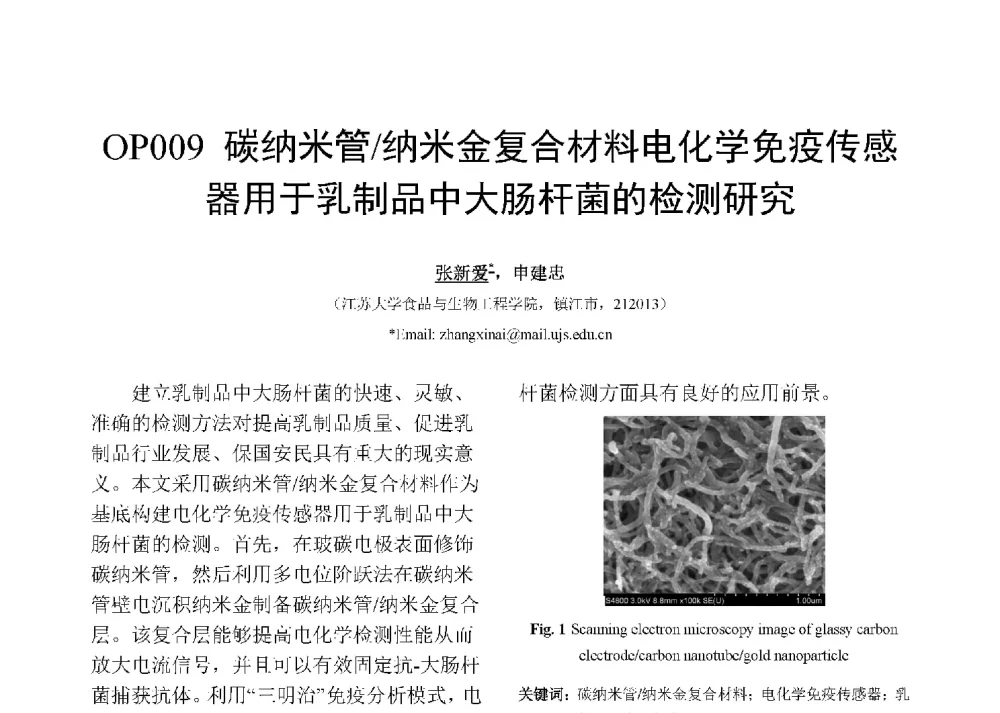 碳纳米管_纳米金复合材料电化学免疫传感器用于乳制品中大肠杆菌的检测研究 - 第十二届全国化学传感器学术会议