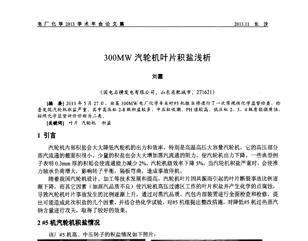 300MW汽轮机叶片积盐浅析 - 中国电机工程学会电厂化学2013学术年会