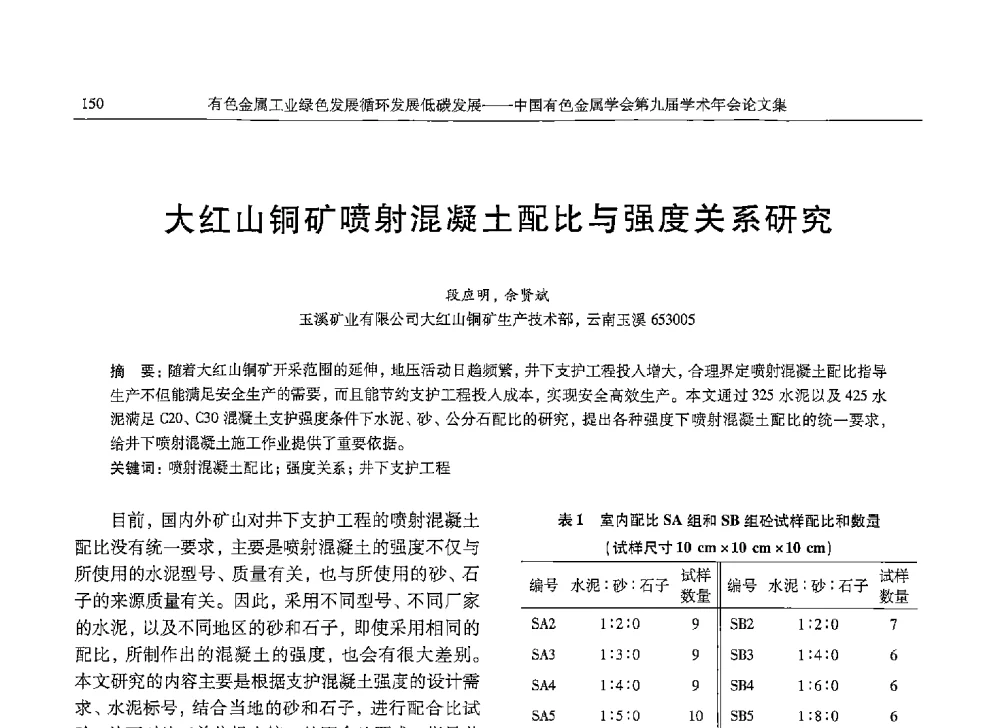 大红山铜矿喷射混凝土配比与强度关系研究 - 中国有色金属学会第九届学术年会