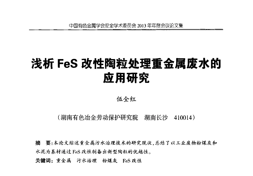 浅析FeS改性陶粒处理重金属废水的应用研究 - 中国有色金属学会安全学术委员会2013年年度会议