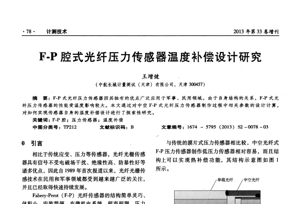 F-P腔式光纤压力传感器温度补偿设计研究 - 2013年全国几何量、力学专业计量测试技术交流会