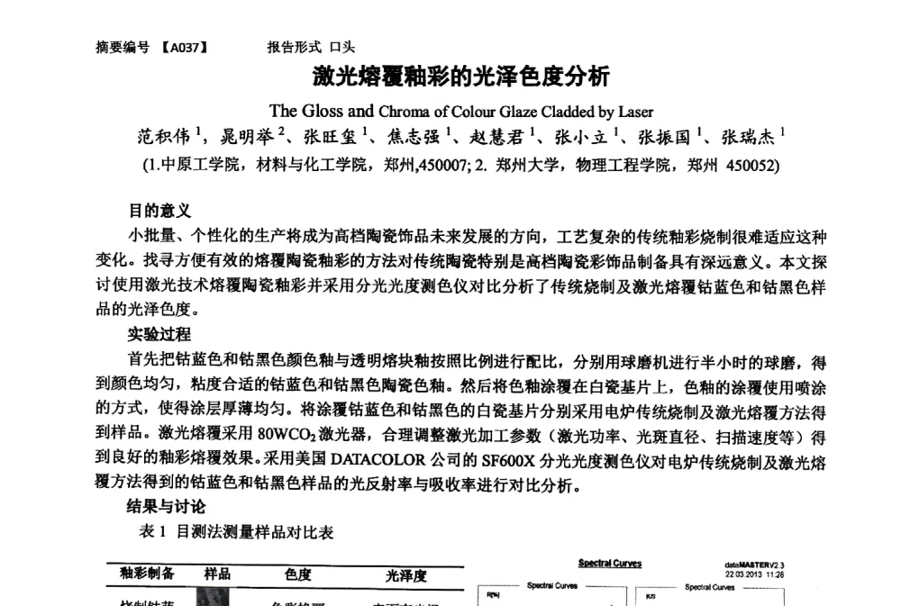 激光熔覆釉彩的光泽色度分析 - 第十一届全国工程陶瓷学术年会