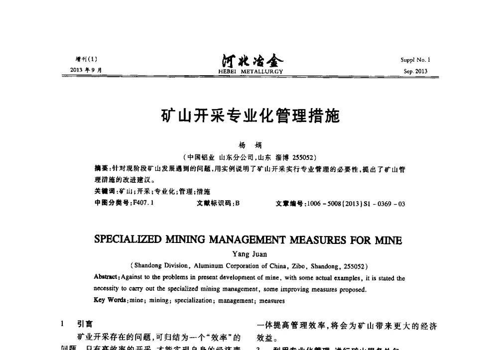 矿山开采专业化管理措施 - 第二十届冀鲁川辽晋琼粤七省矿业学术交流会