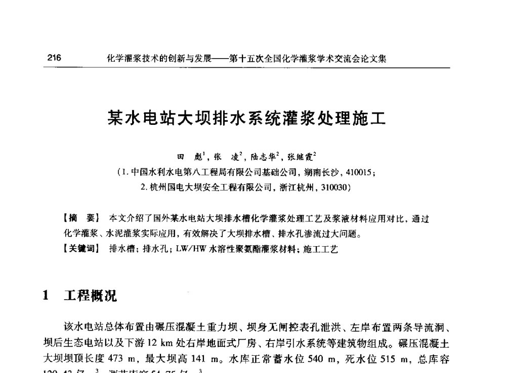 某水电站大坝排水系统灌浆处理施工 - 第十五次全国化学灌浆学术交流会