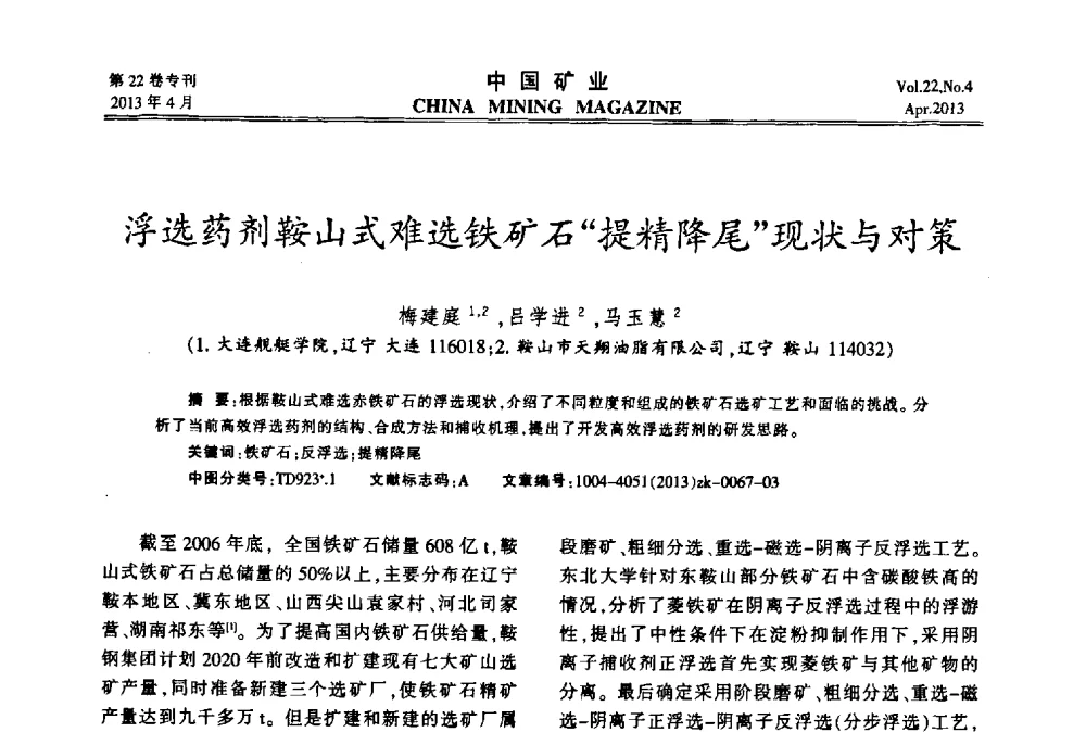浮选药剂鞍山式难选铁矿石“提精降尾”现状与对策 - 第六届全国尾矿库安全运行与尾矿综合利用技术高峰论坛