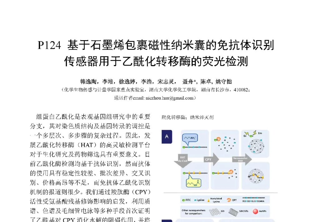 基于石墨烯包裹磁性纳米囊的免抗体识别传感器用于乙酰化转移酶的荧光检测 - 第十二届全国化学传感器学术会议