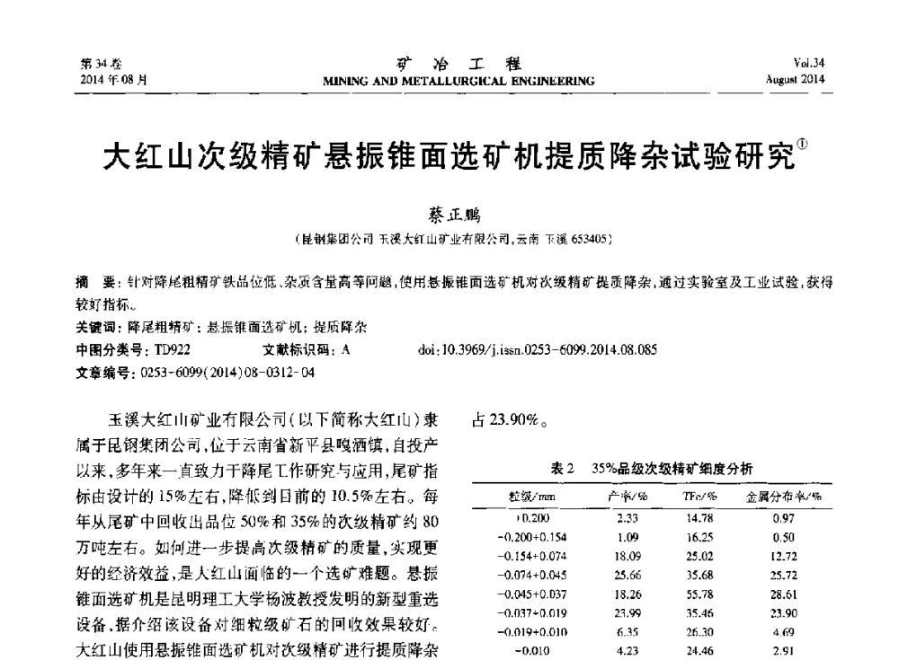 大红山次级精矿悬振锥面选矿机提质降杂试验研究 - 第七届全国选矿专业学术年会