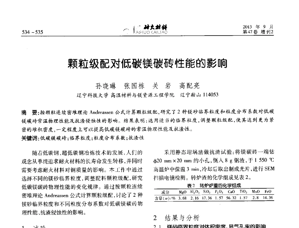 颗粒级配对低碳镁碳砖性能的影响 - 2013耐火材料综合学术会议、第十二届全国不定形耐火材料学术会议、2013耐火原料学术交流会