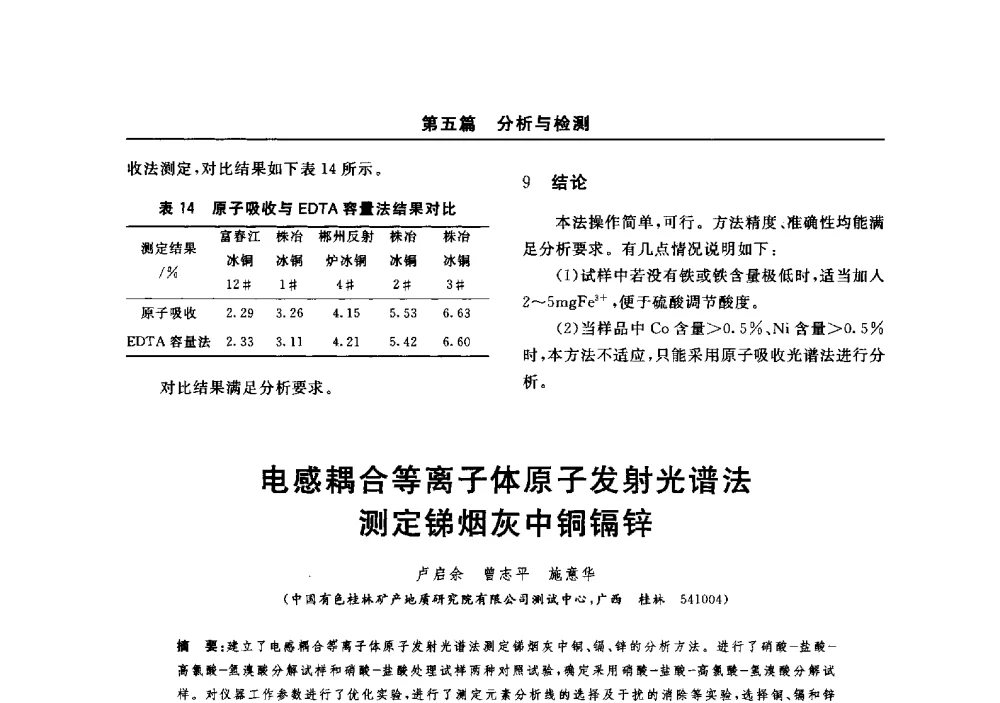 电感耦合等离子体原子发射光谱法测定锑烟灰中铜镉锌 - 2014(郑州)中西部第七届有色金属工业发展论坛