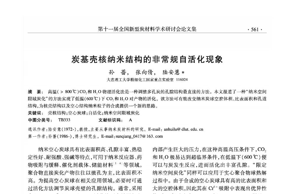 炭基壳核纳米结构的非常规自活化现象 - 第十一届全国新型炭材料学术研讨会