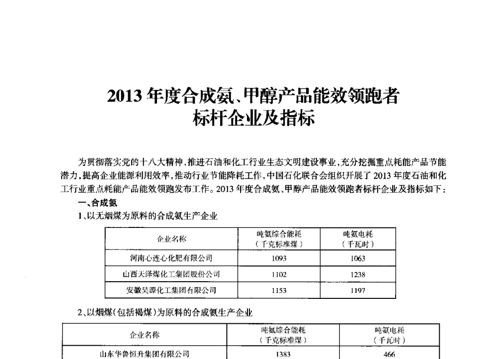 2013年度合成氨、甲醇产品能效领跑者标杆企业及指标 - 全国化工合成氨设计技术中心站2014技术交流会