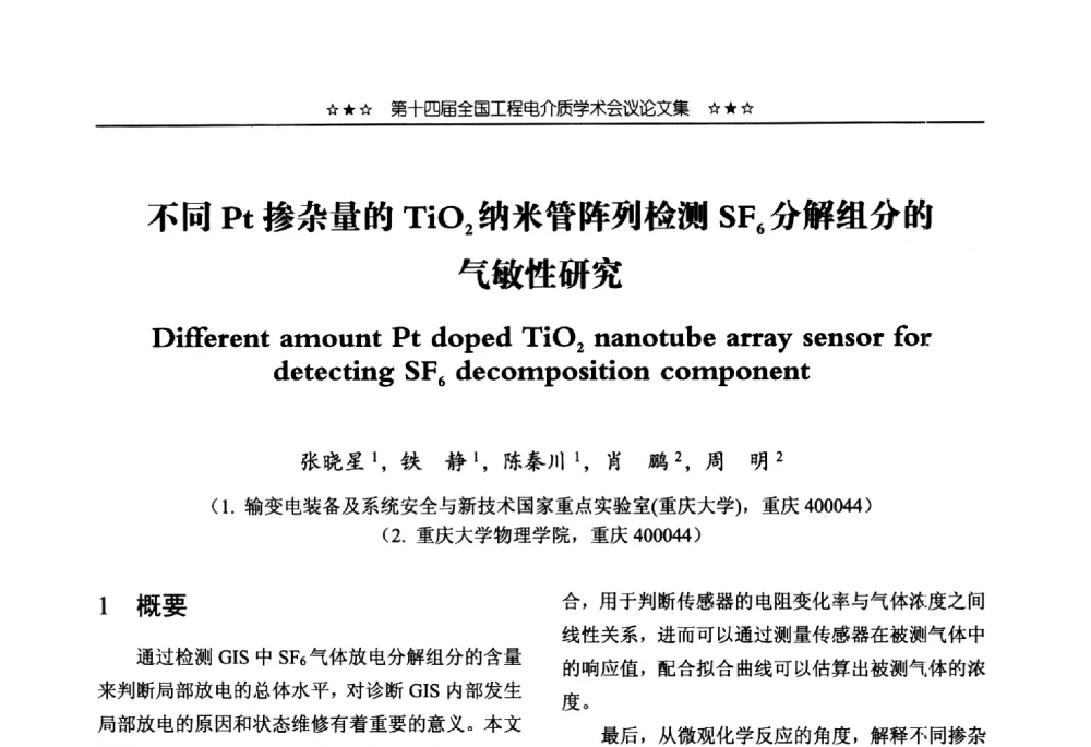 不同Pt掺杂量的TiO2纳米管阵列检测SF6分解组分的气敏性研究 - 第十四届全国工程电介质学术会议