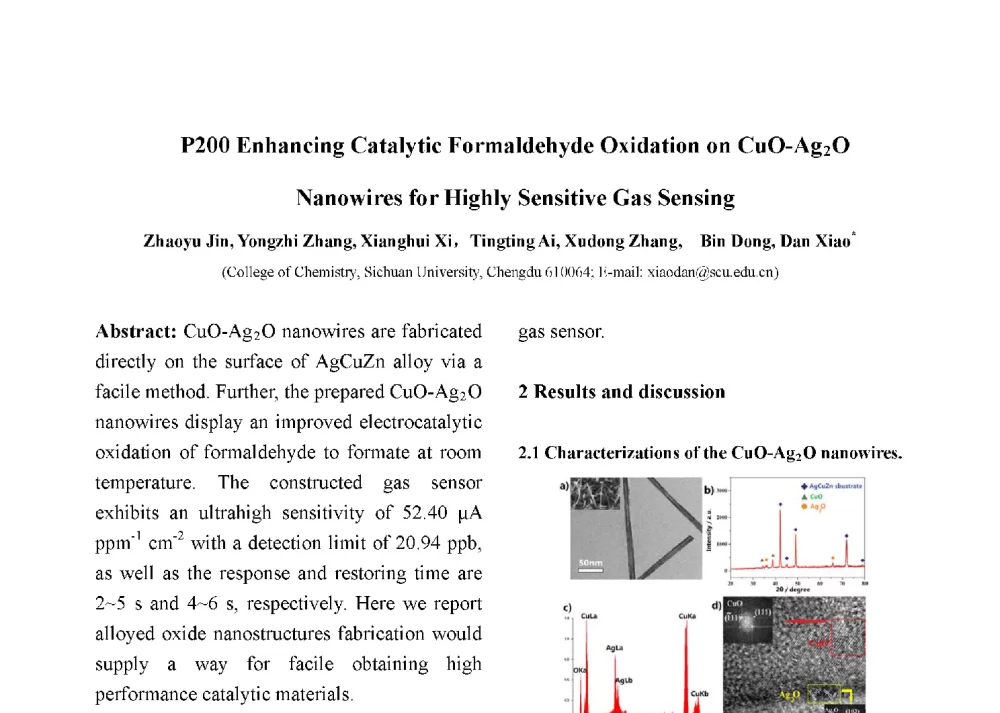 Enhancing Catalytic Formaldehyde Oxidation on CuO-Ag2O Nanowires for Highly Sensitive Gas Sensing - 第十二届全国化学传感器学术会议
