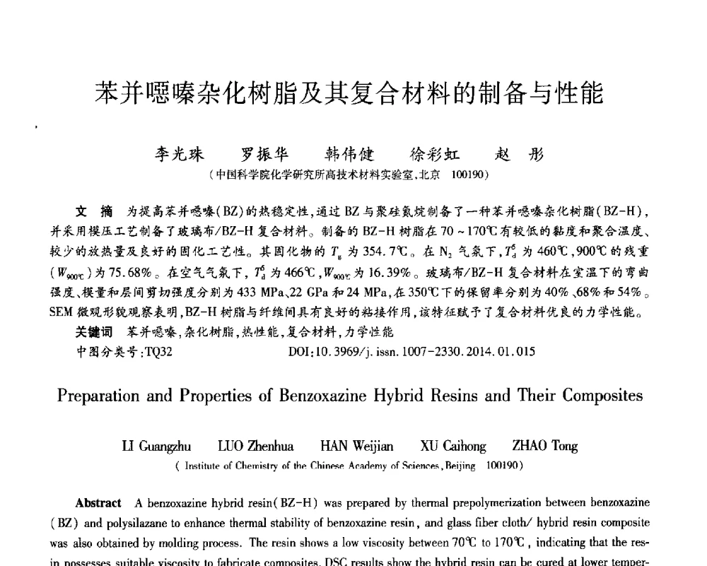 苯并噁嗪杂化树脂及其复合材料的制备与性能 - 第十三届先进功能复合材料技术重点实验室暨航天科技集团、院科技委制造技术及材料专业组学术交流会