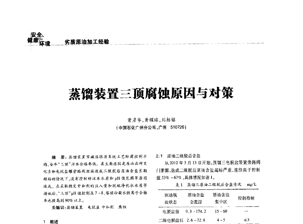 蒸馏装置三顶腐蚀原因与对策 - 2014石油化工腐蚀与安全学术交流会