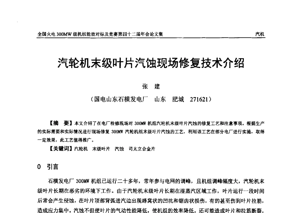 汽轮机末级叶片汽蚀现场修复技术介绍 - 全国火电300MW级机组能效对标及竞赛第四十二届年会