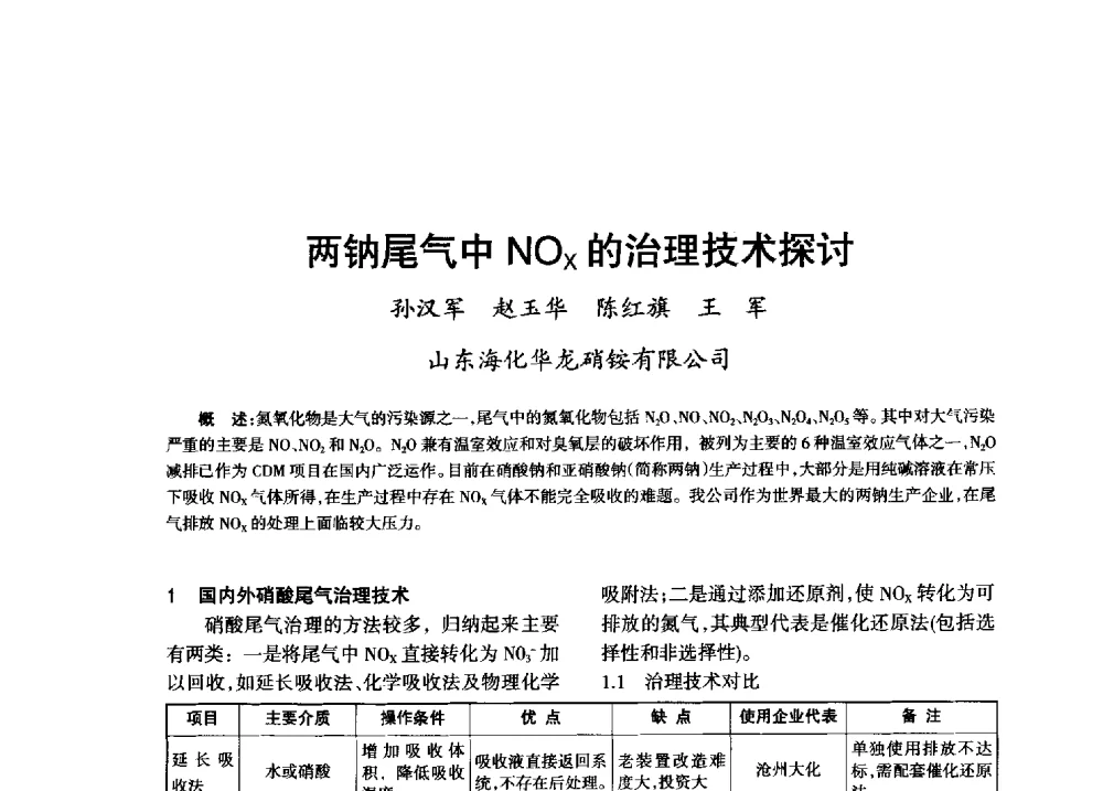 两钠尾气中NOx的治理技术探讨 - 第八届全国硝酸硝酸盐技术交流会