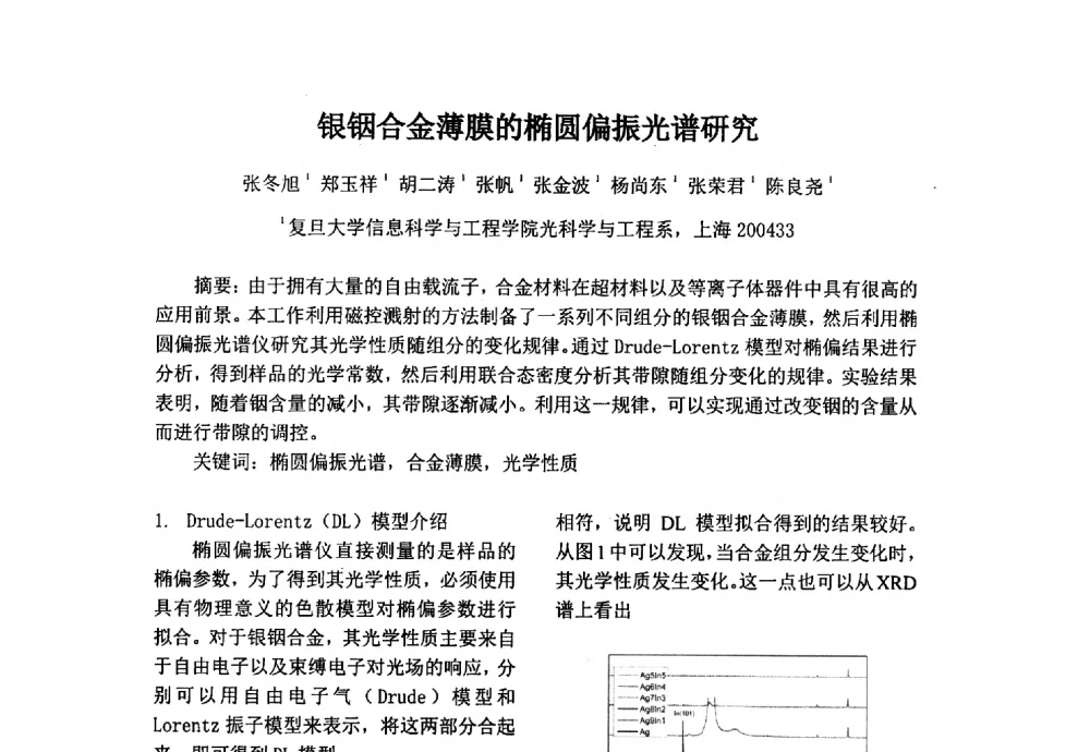 银铟合金薄膜的椭圆偏振光谱研究 - 上海市激光学会2013年学术年会