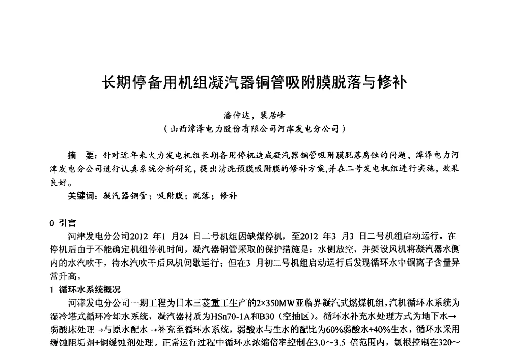 长期停备用机组凝汽器铜管吸附膜脱落与修补 - 第四届火电行业化学(环保)专业技术交流会