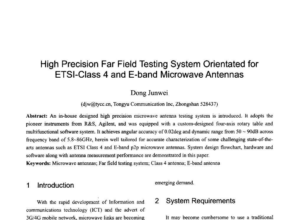 High Precision Far Field Testing System Orientated for ETSI-Class 4 and E-band Microwave Antennas - 2013年全国天线年会