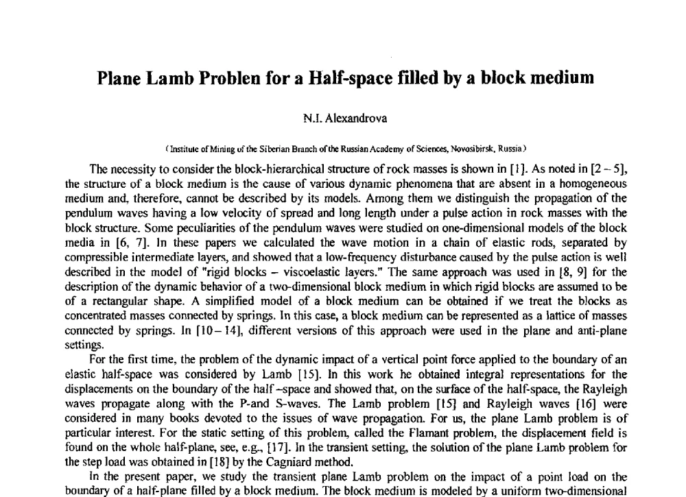 Plane Lamb Problen for a Half-space filled by a block medium - 第3届中俄矿山深部开采岩石动力学高层论坛