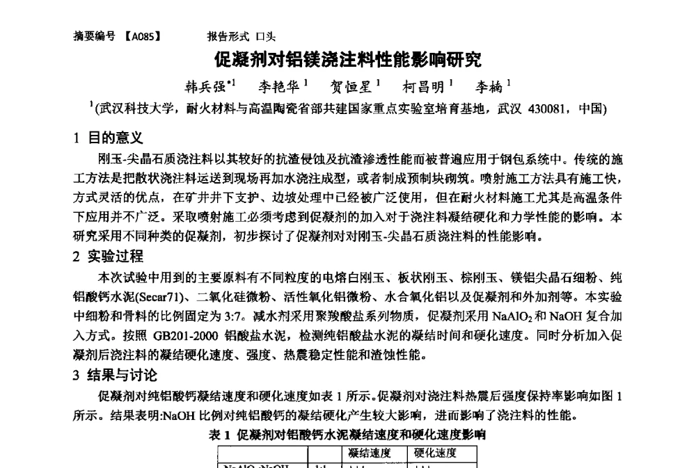 促凝剂对铝镁浇注料性能影响研究 - 第十一届全国工程陶瓷学术年会