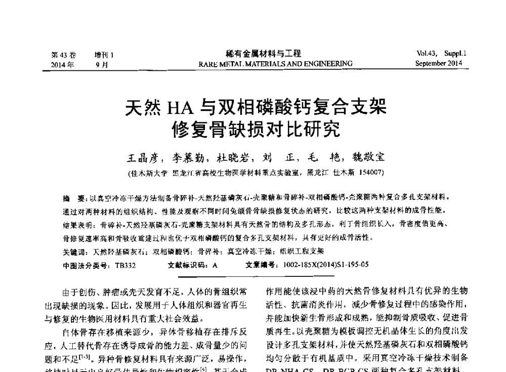 天然HA与双相磷酸钙复合支架修复骨缺损对比研究 - 第十四届全国生物材料大会