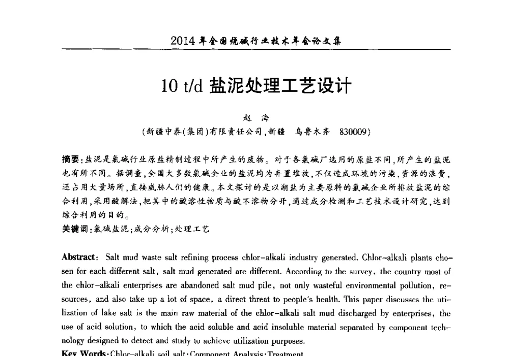 10t_d盐泥处理工艺设计 - 2014年全国烧碱行业技术年会