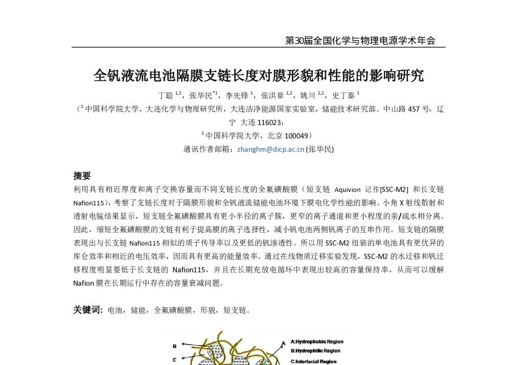 全钒液流电池隔膜支链长度对膜形貌和性能的影响研究 - 第30届全国化学与物理电源学术年会