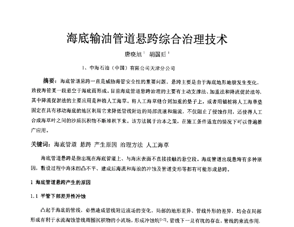 海底输油管道悬跨综合治理技术 - 2011全国特殊气藏开发技术研讨会