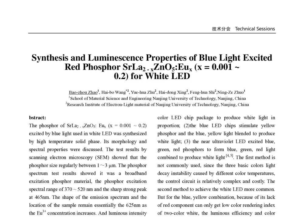 Synthesis and Luminescence Properties of Blue Light Excited Red Phosphor SrLa2 - xZnO5_Eux (x = 0.001~0.2) for White LED - 第十届中国国际半导体照明论坛