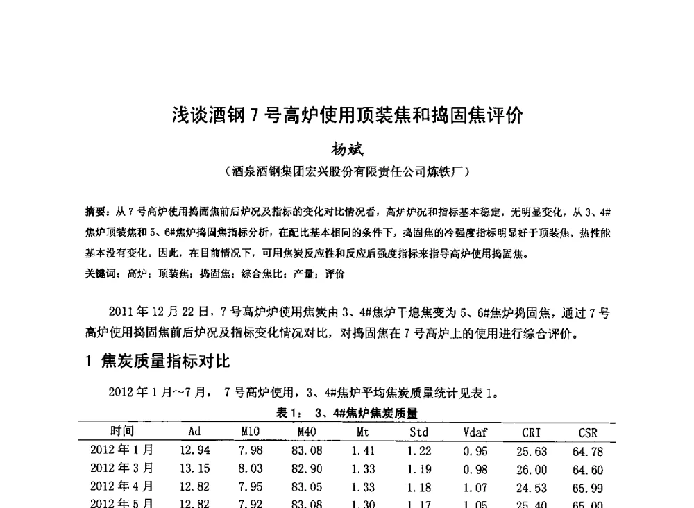 浅谈酒钢7号高炉使用顶装焦和捣固焦评价 - 2013年全国中小高炉炼铁技术交流会