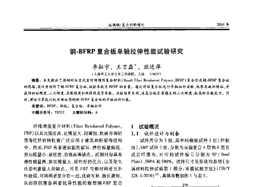 钢-BFRP复合板单轴拉伸性能试验研究 - 第二十届玻璃钢_复合材料学术交流会
