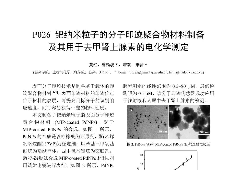 钯纳米粒子的分子印迹聚合物材料制备及其用于去甲肾上腺素的电化学测定 - 第十二届全国化学传感器学术会议