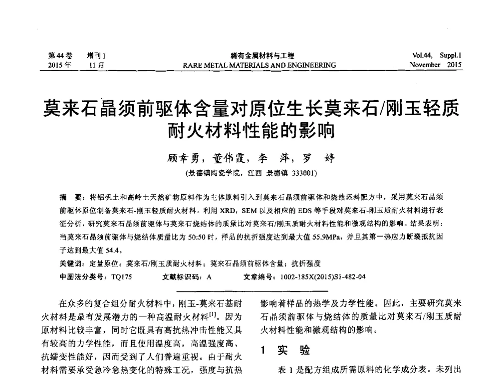 莫来石晶须前驱体含量对原位生长莫来石_刚玉轻质耐火材料性能的影响 - 第十八届全国高技术陶瓷学术年会