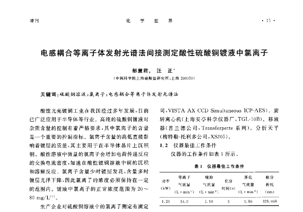 电感耦合等离子体发射光谱法间接测定酸性硫酸铜镀液中氯离子 - 上海市化学化工学会2014年度学术年会