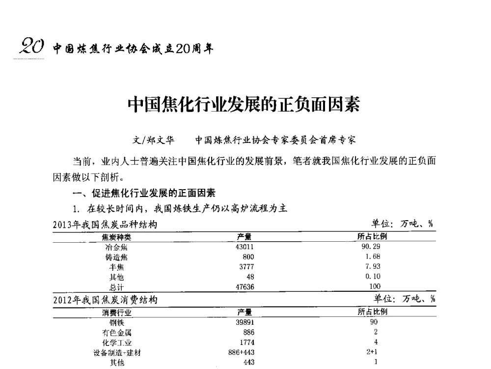 中国焦化行业发展的正负面因素 - 中国炼焦行业协会成立二十周年庆祝大会暨2014年六届二次理事大会