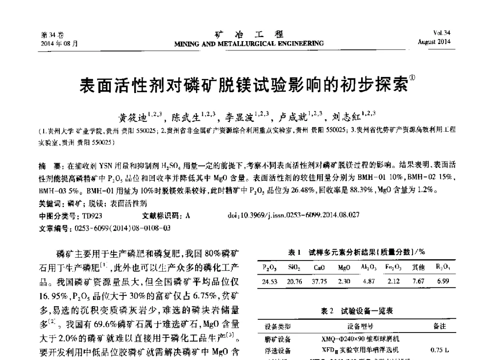 表面活性剂对磷矿脱镁试验影响的初步探索 - 第七届全国选矿专业学术年会