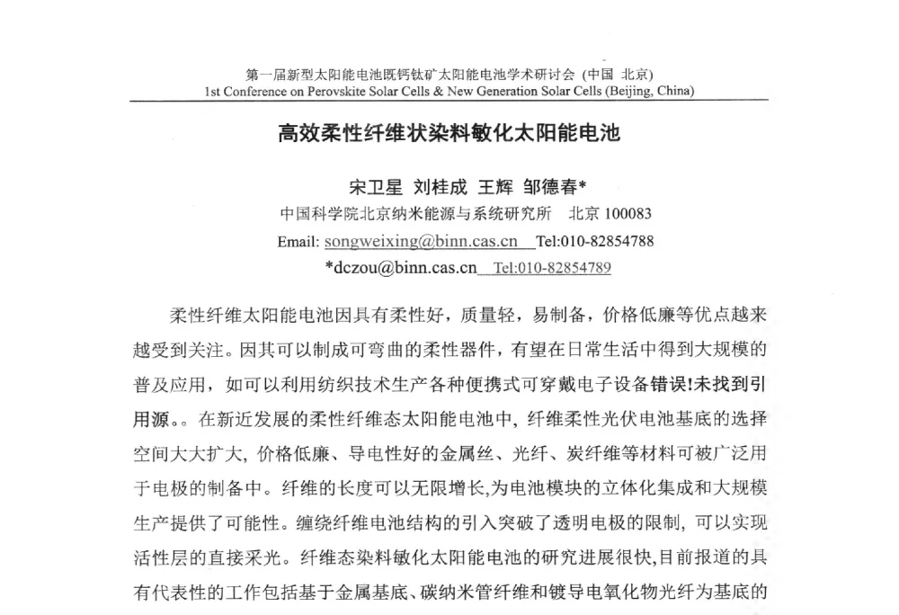 高效柔性纤维状染料敏化太阳能电池 - 第一届新型太阳能电池暨钙钛矿太阳能电池学术研讨会