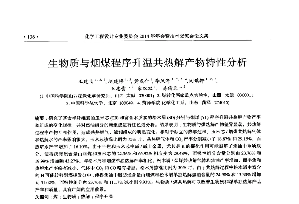 生物质与烟煤程序升温共热解产物特性分析 - 中国石油和化工勘察设计协会化学工程设计专业委员会(全国化工化学工程设计技术中心站)2014年年会暨技术交流会