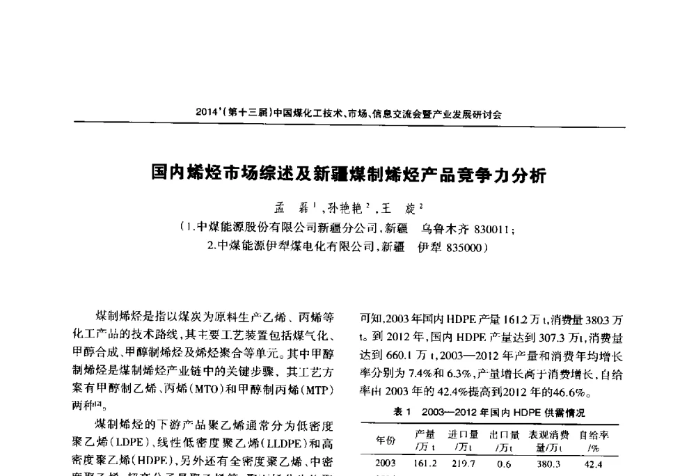 国内烯烃市场综述及新疆煤制烯烃产品竞争力分析 - 2014中国煤化工技术、市场、信息交流会暨产业发展研讨会