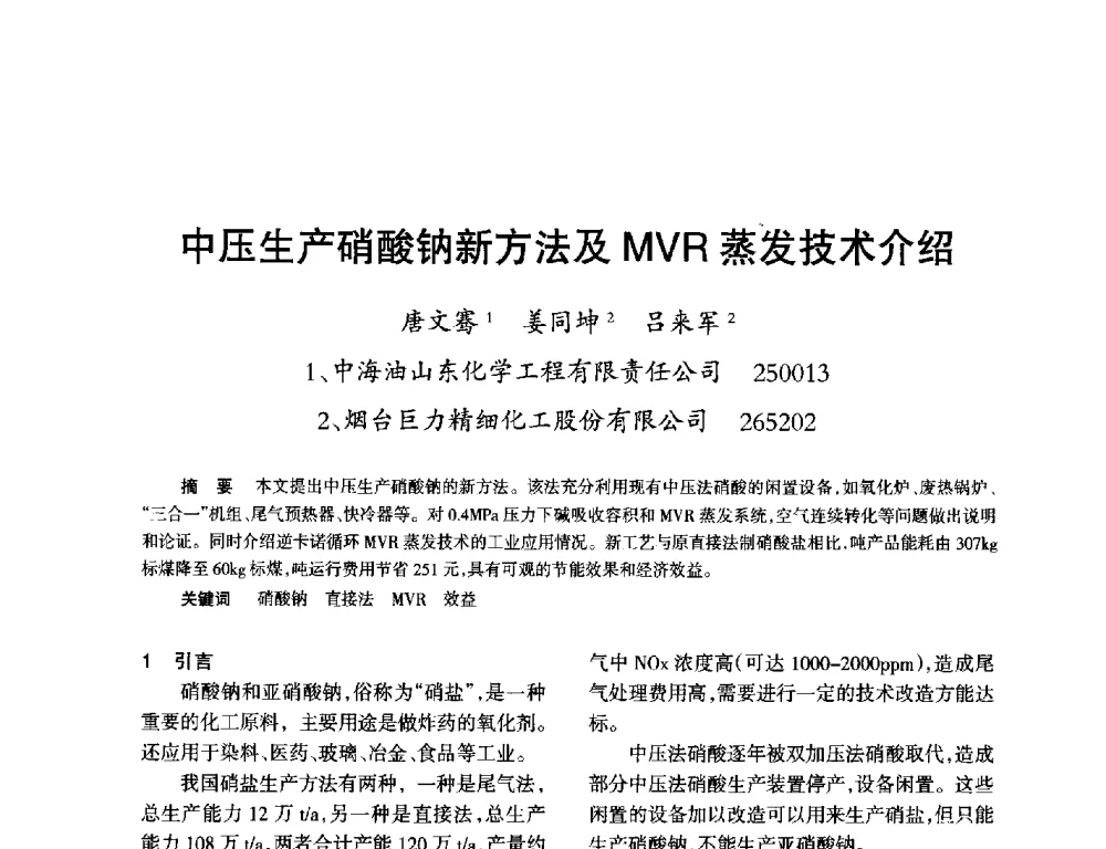 中压生产硝酸钠新方法及MVR蒸发技术介绍 - 第九届全国硝酸硝酸盐技术交流会