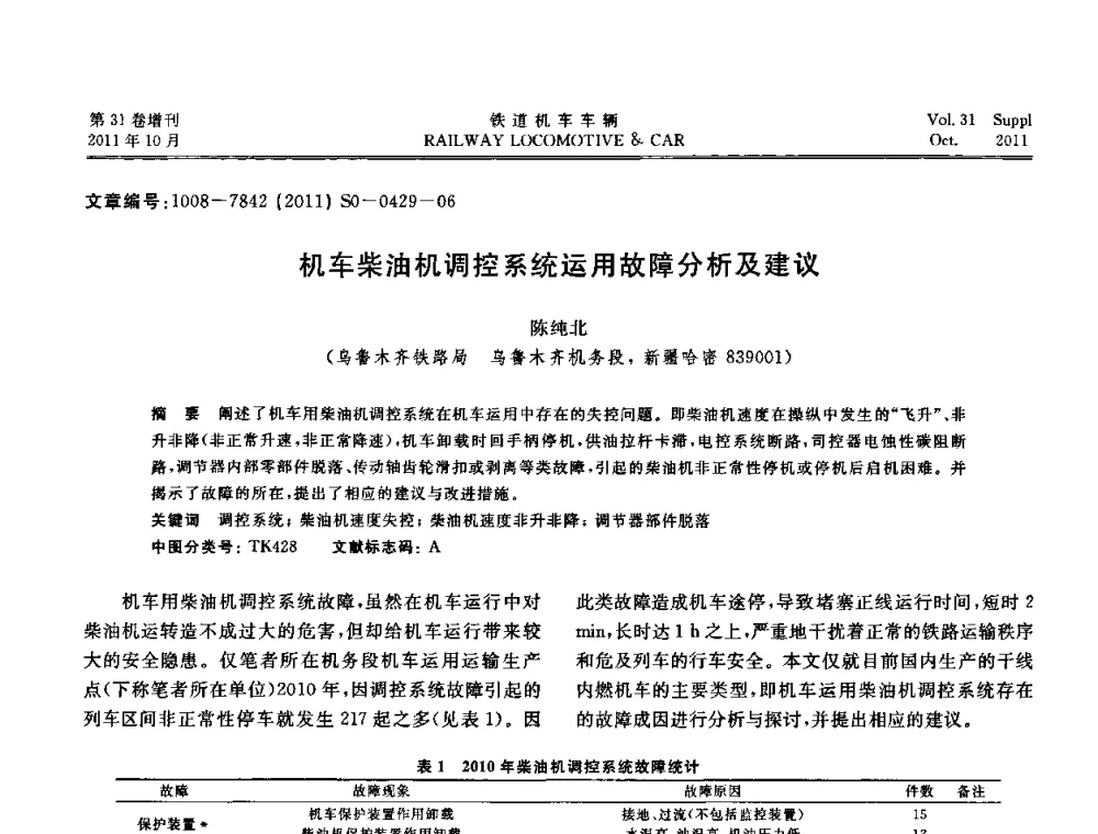 机车柴油机调控系统运用故障分析及建议 - 第十七届全国大功率柴油机学术年会
