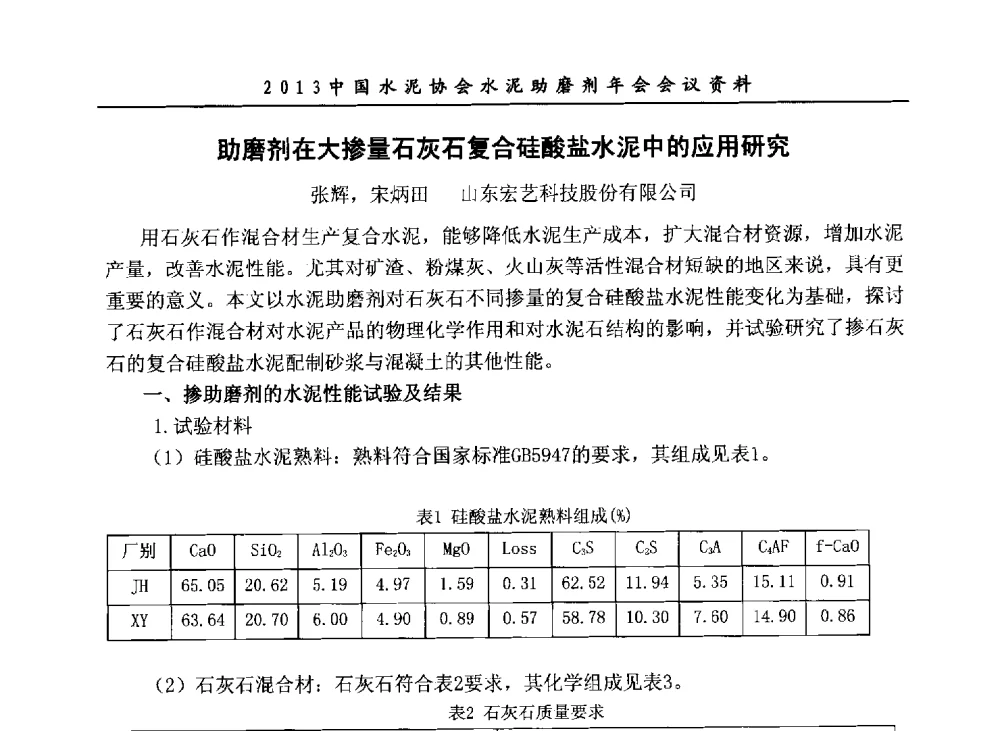 助磨剂在大掺量石灰石复合硅酸盐水泥中的应用研究 - 2013年中国水泥协会水泥助磨剂年会