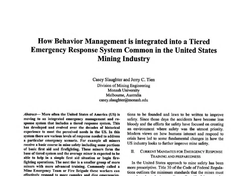 How Behavior Management is integrated into a Tiered Emergency Response System Common in the United States Mining Industry - 第二届行为安全与安全管理国际学术研讨会(《安全管理学》教学方法专题研讨会)