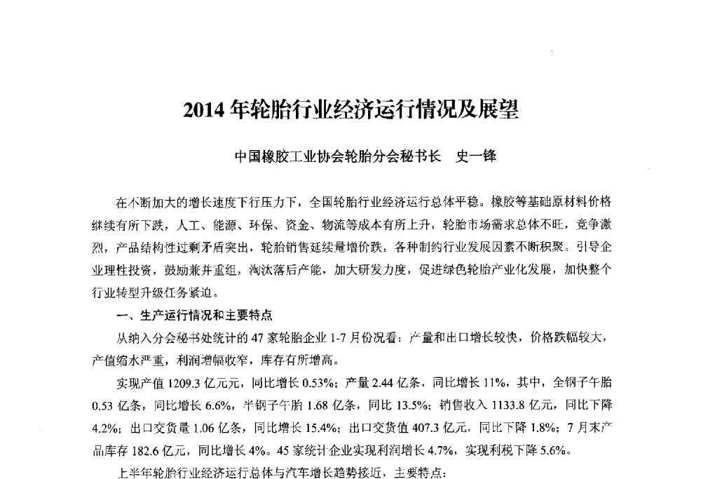 2014年轮胎行业经济运行情况及展望 - 2014世界橡胶论坛暨信息发布会