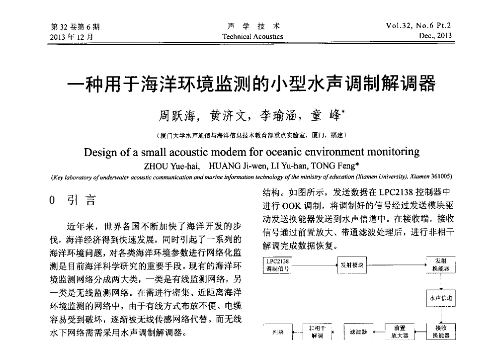 一种用于海洋环境监测的小型水声调制解调器 - 第十届中国声学学会青年学术会议