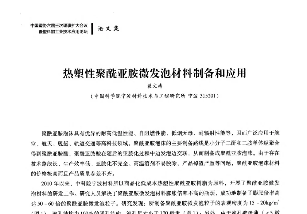 热塑性聚酰亚胺微发泡材料制备和应用 - 中国塑协六届三次理事扩大会议暨塑料加工业技术应用论坛