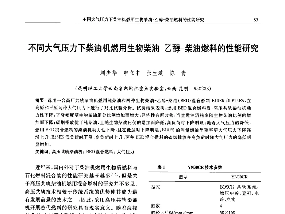 不同大气压力下柴油机燃用生物柴油-乙醇-柴油燃料的性能研究 - 中国内燃机学会第五届青年学术年会